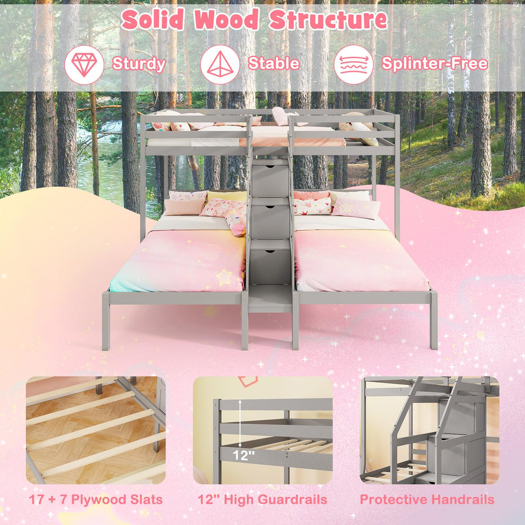 Giantex Twin Over Twin & Twin Bunk Bed Triple Bunk Beds with 4-Step Storage Stair