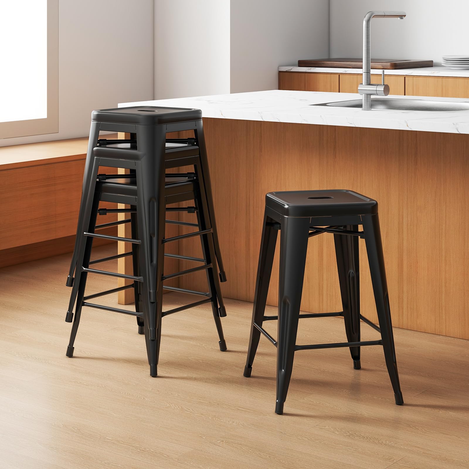 Giantex Metal Backless Bar Stools Set of 4, 24" Industrial Counter Height Bar Stools w/Cut-Out Handle, Footrest