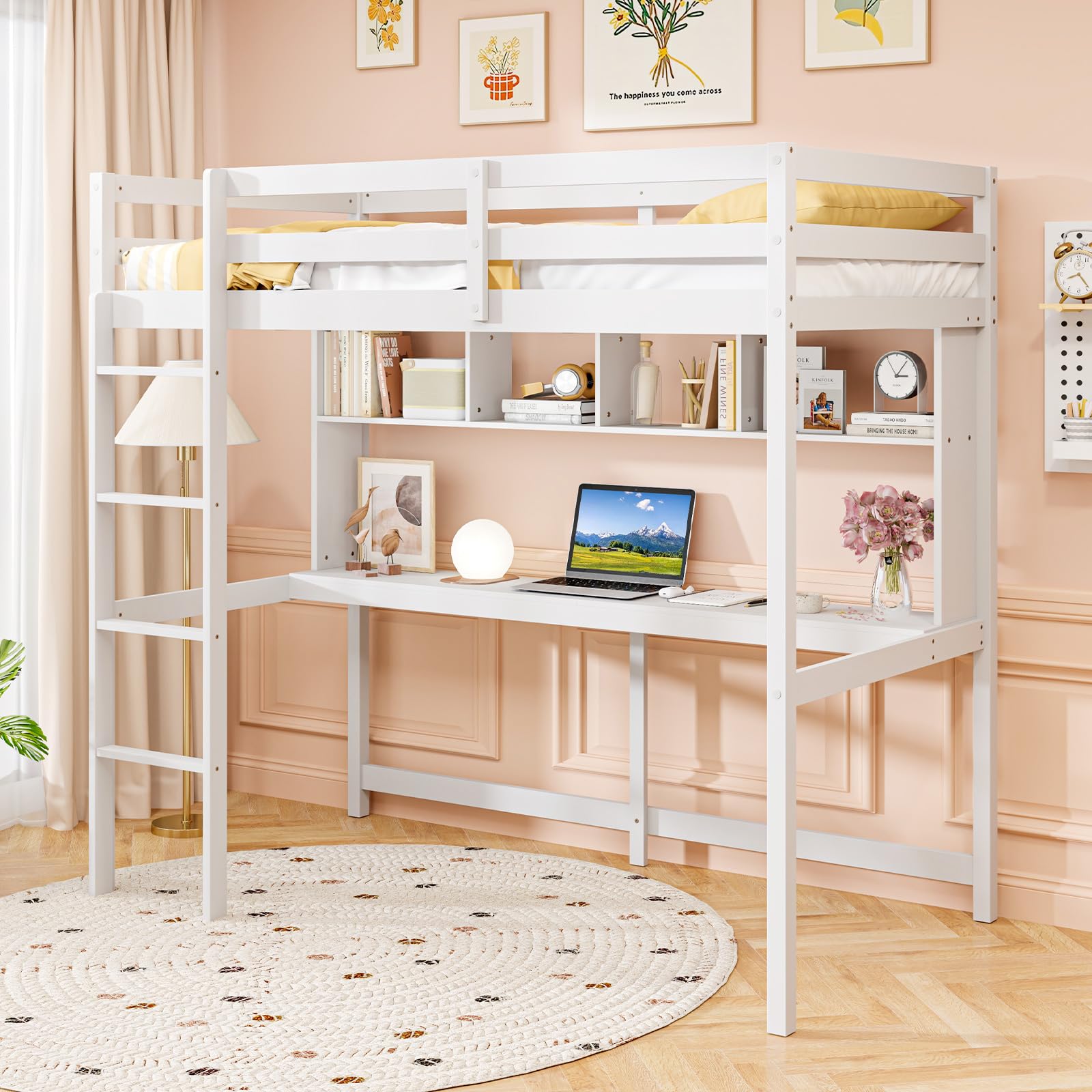 Giantex Solid Wood Twin Loft Bed with Desk and Bookcase