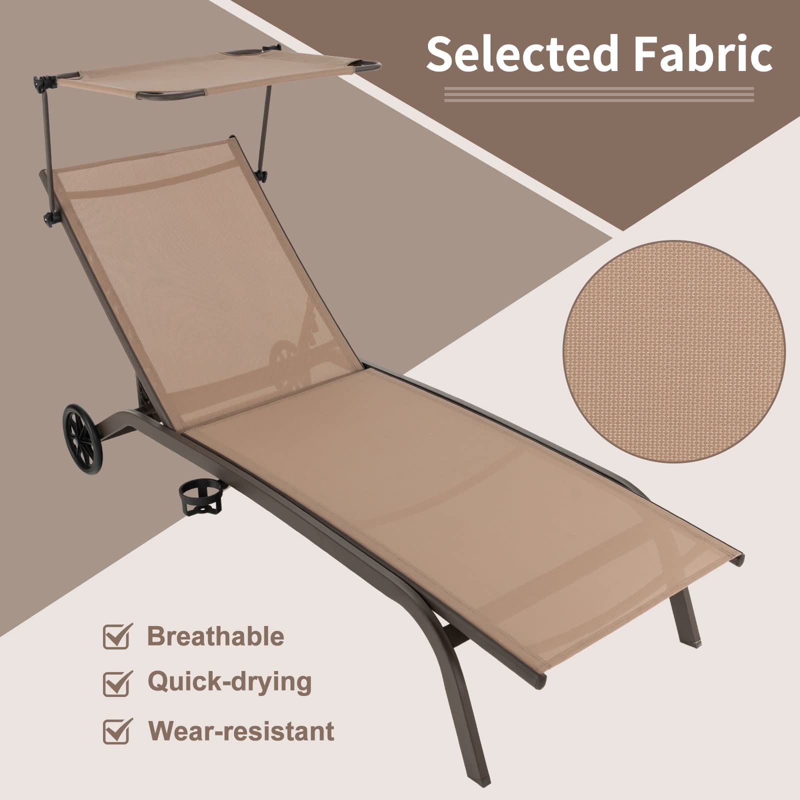 Giantex Outdoor Chaise Lounge Chair, Tanning Chair with Sunshade and Smooth Wheels, 6-Level Adjustable Position