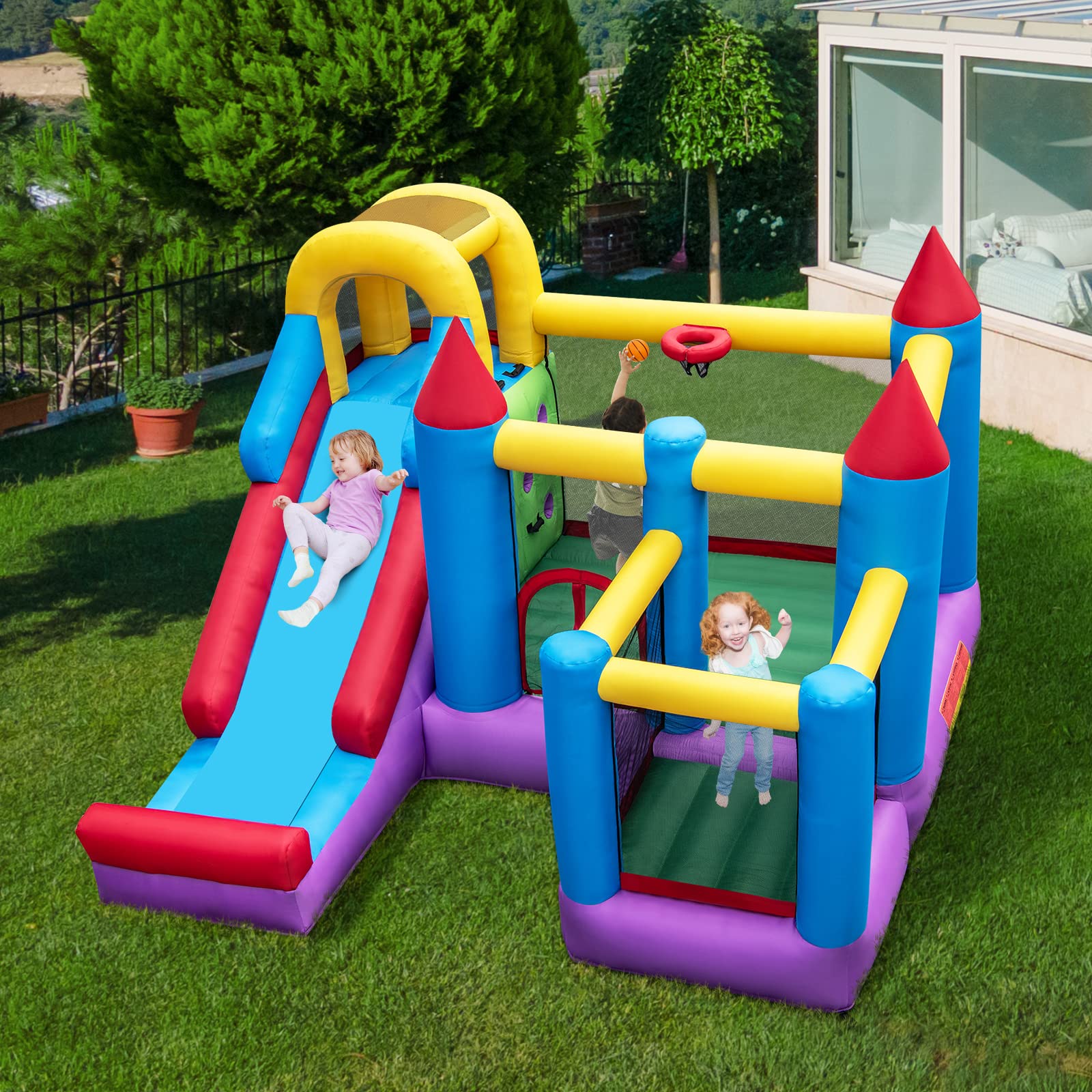 5-in-1 Inflatable Bounce Castle, Giant Blowup Jumping House with Slide for Kids w/735W Air Blower