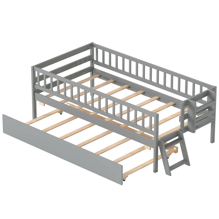 GIANTEX Trundle Bed Twin Size with Bookshelf | 2-Step Ladder for Kids