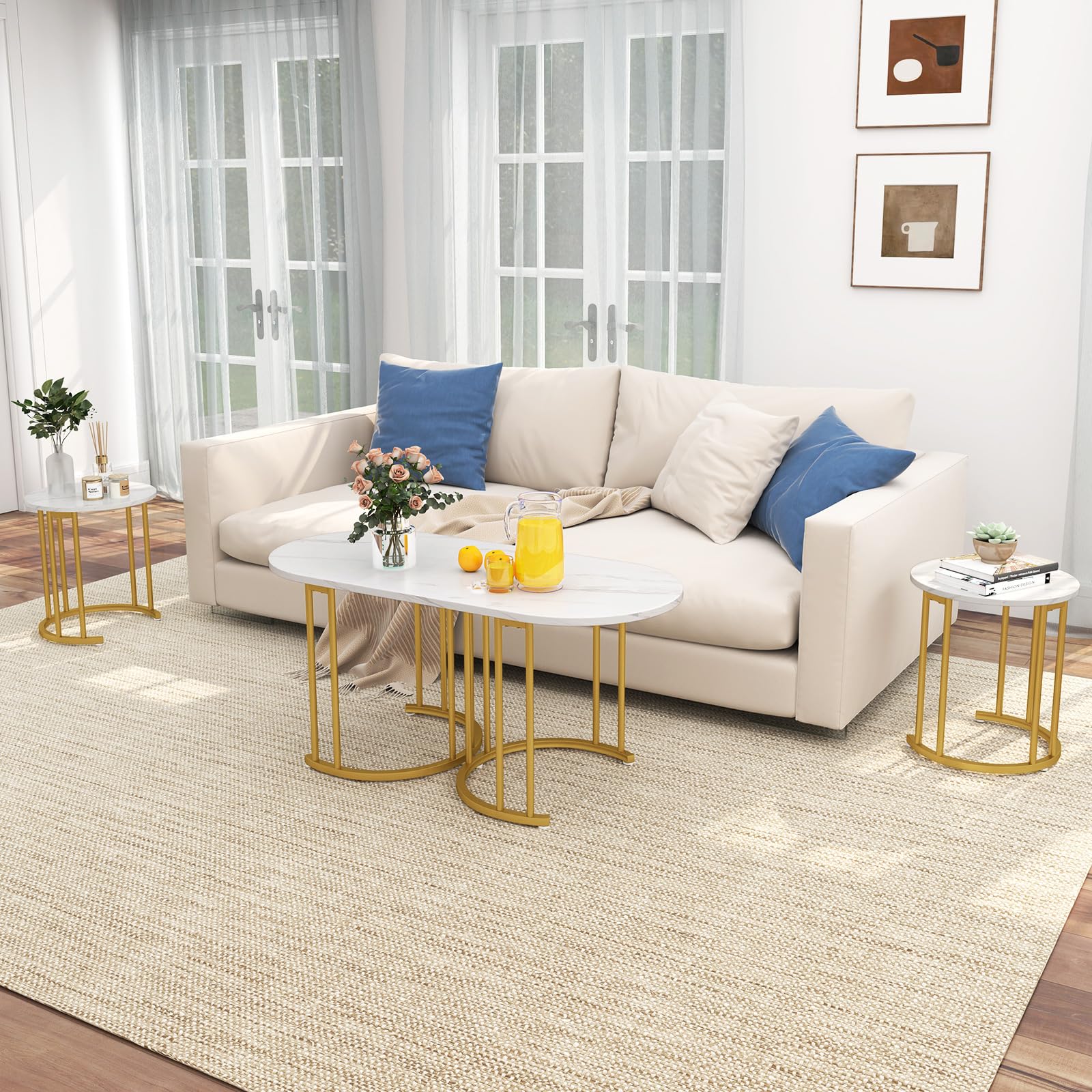 Giantex Nesting Coffee Table Set of 3, Stacking Side Tables with Faux Marble Tabletop & Gold Metal Frame
