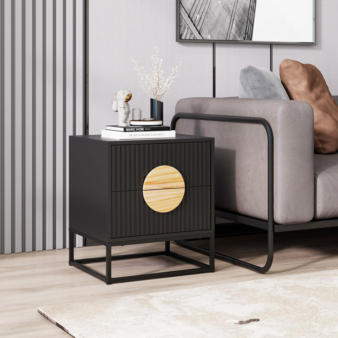 Giantex Fluted Nightstand with 2 Drawers with Natural Circle Handle & Metal Frame