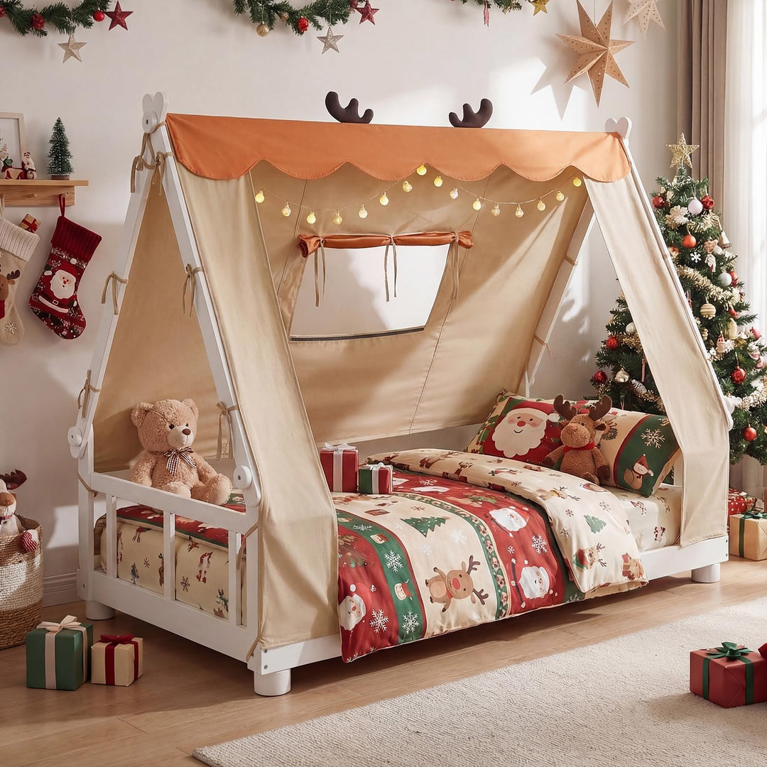 Giantex Twin Size House Floor Wood Bed with Tent