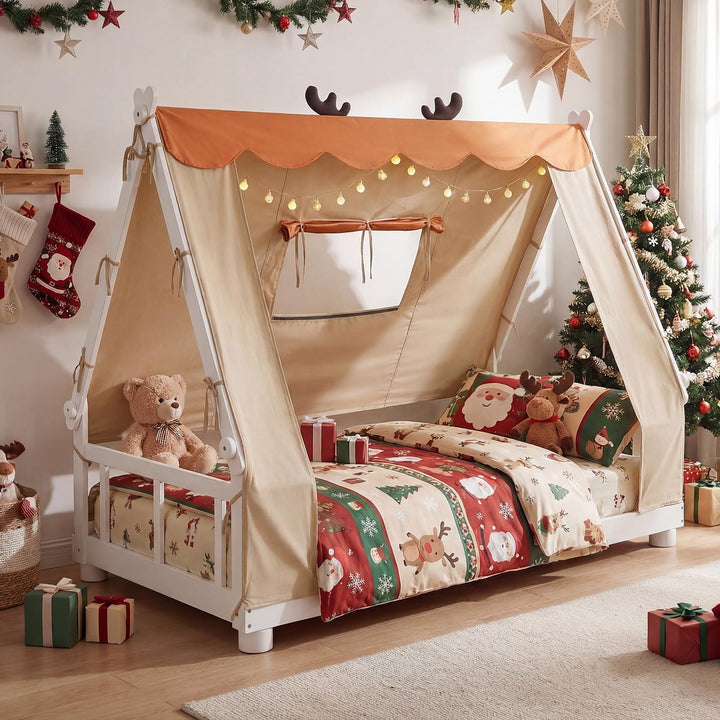 Giantex Twin Size House Floor Wood Bed with Tent