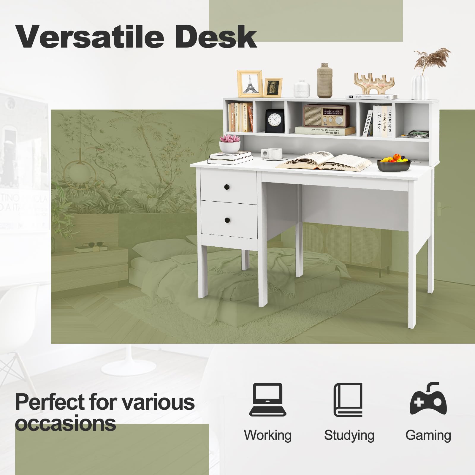 Giantex White Desk with Drawers and Power Outlet, 48" Home Office Computer Desk with 5-Cubby Hutch