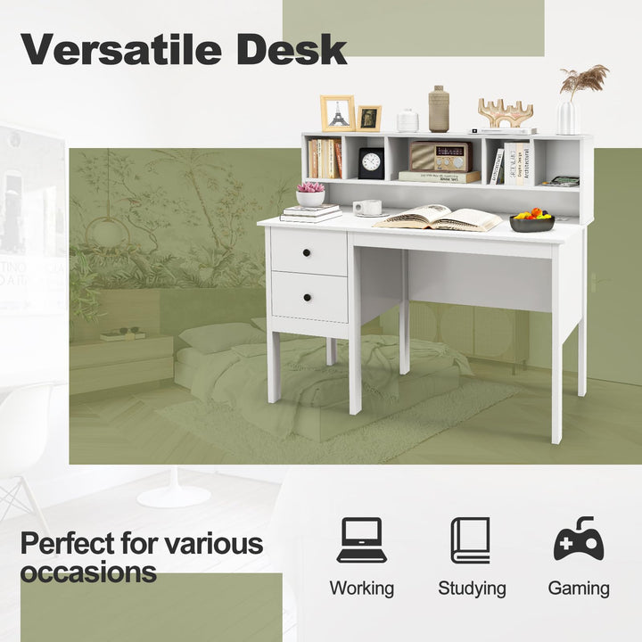 Giantex White Desk with Drawers and Power Outlet, 48" Home Office Computer Desk with 5-Cubby Hutch