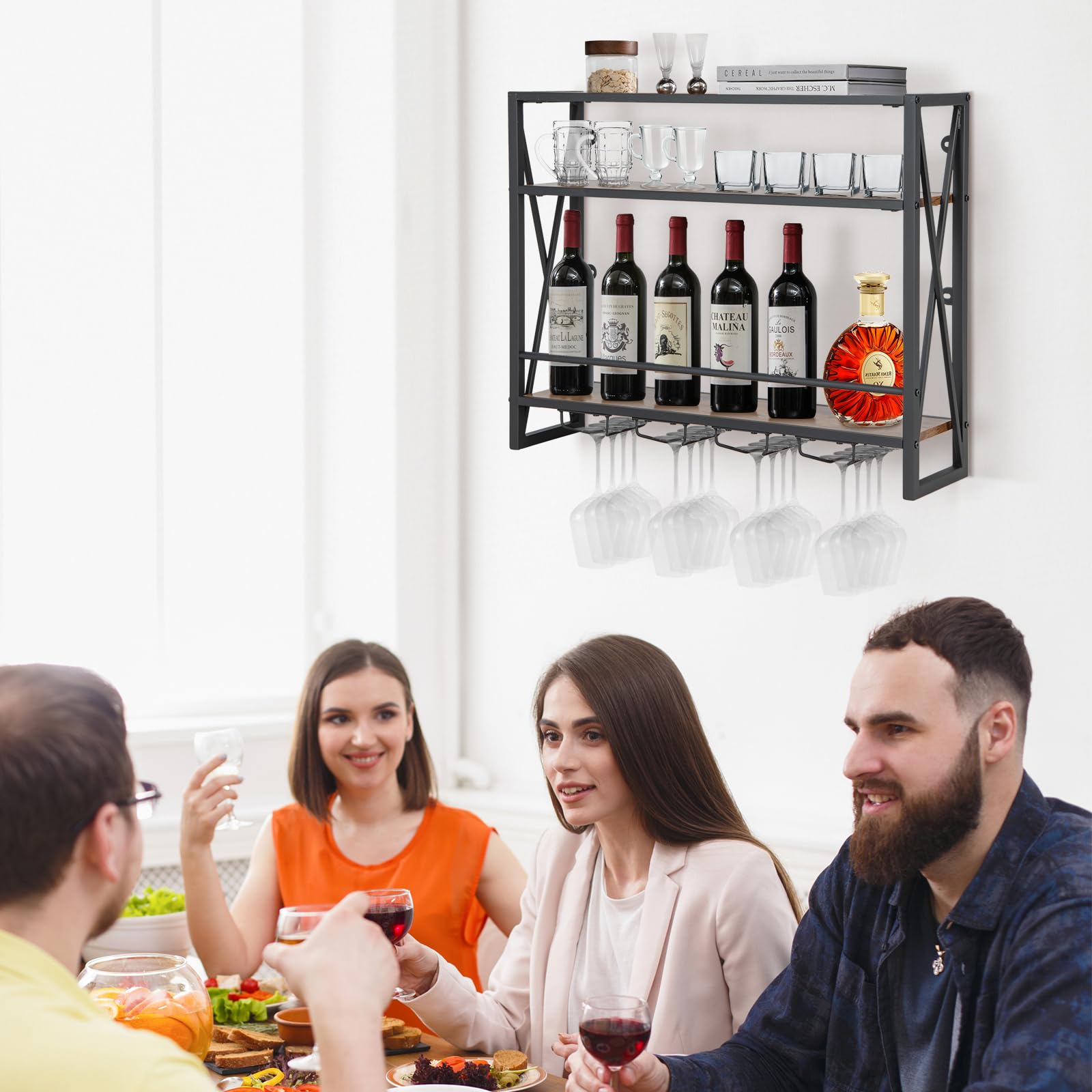 Giantex Industrial Wall-Mounted Wine Rack, 3 Tiers Metal Hanging Wine Shelf with Glass Holder