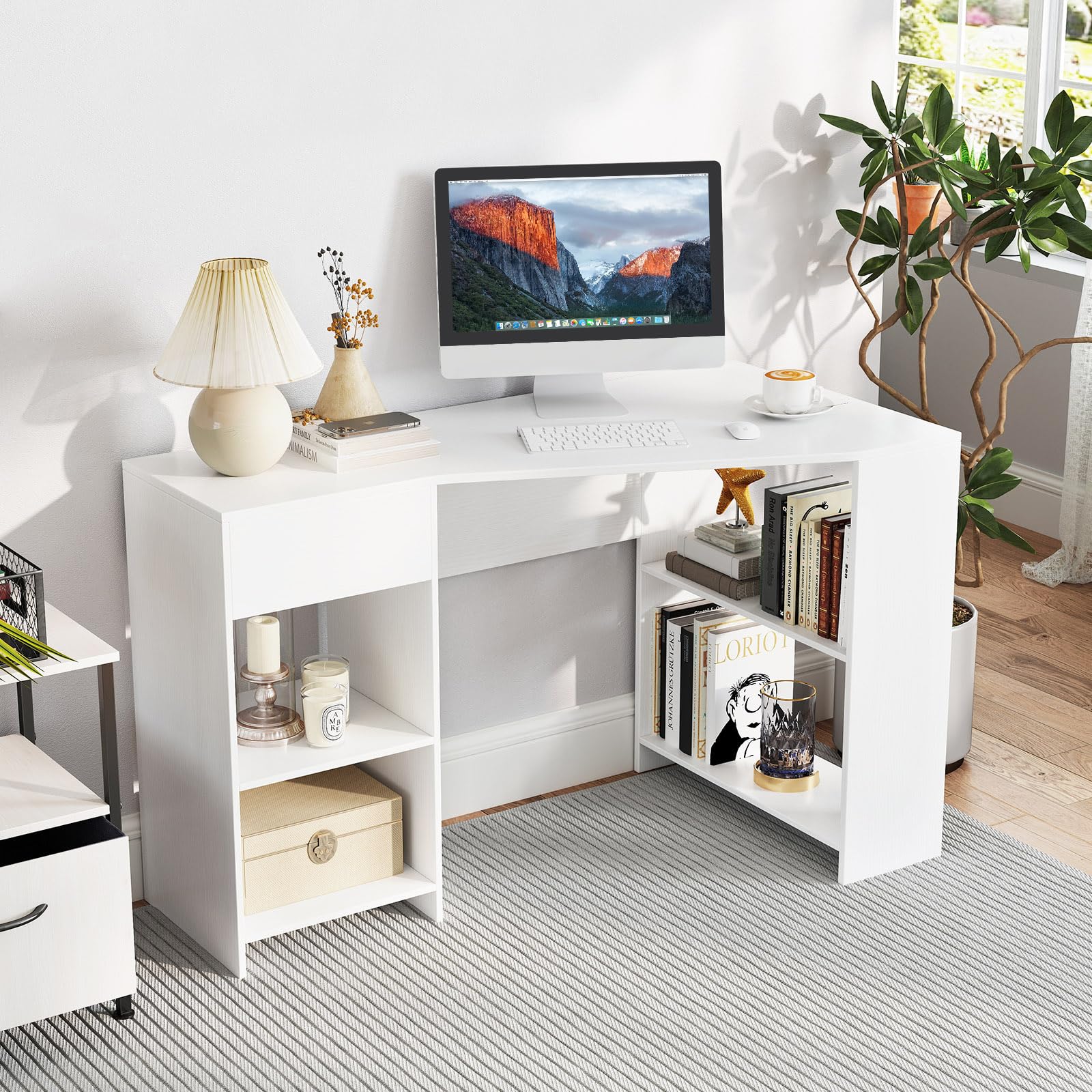 Giantex White Desk with Drawer 48 Inch Corner Desk