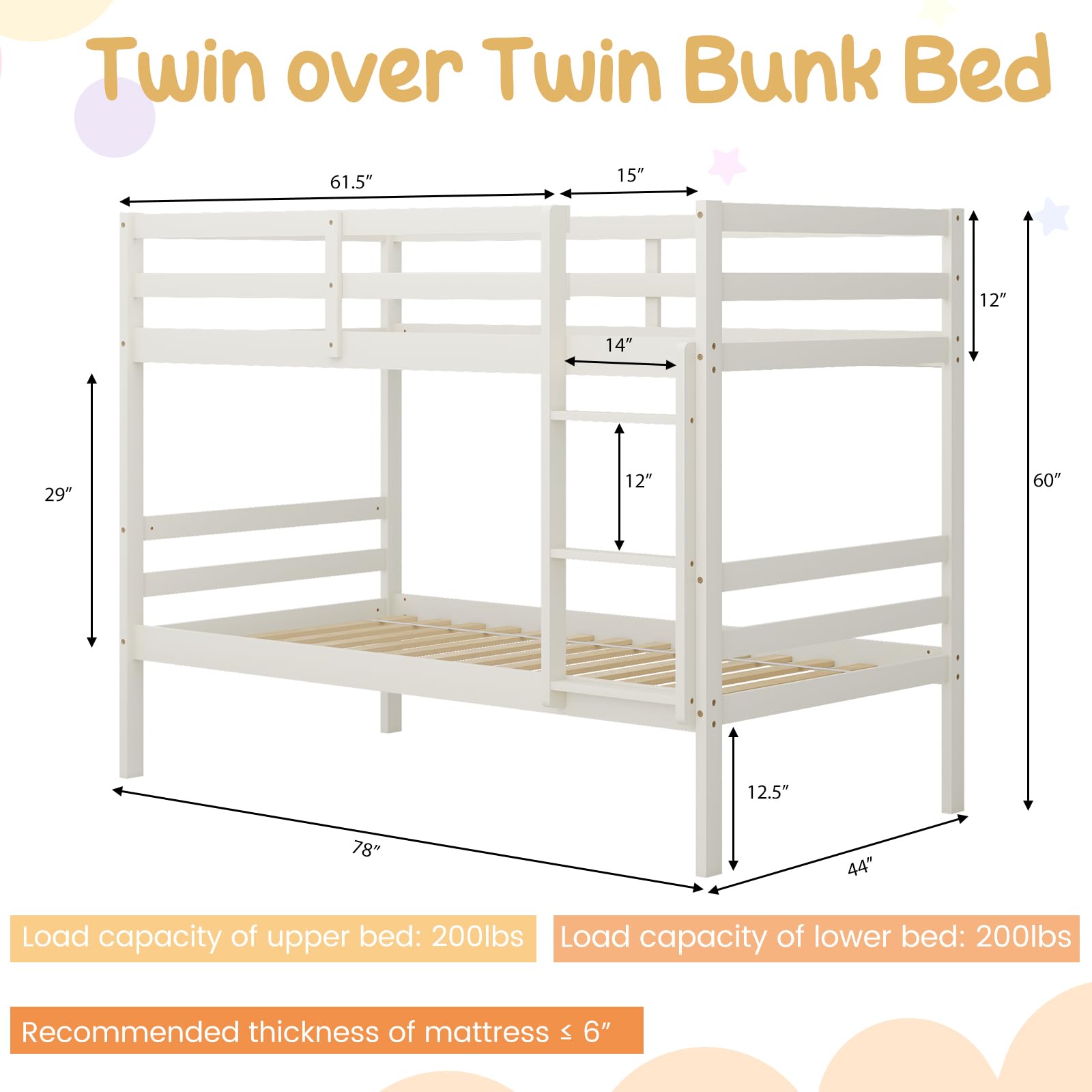Giantex Bunk Bed Twin Over Twin White, Solid Wood Bunk Bed