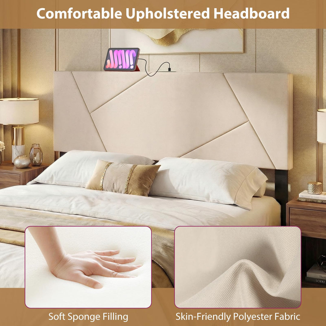 Giantex Geometric Upholstered Head Board with 2 AC Outlets for Queen and Full Size Bed