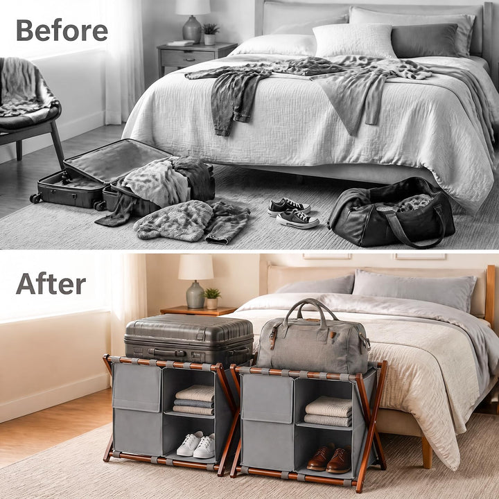 GIANTEX 27" Bamboo Luggage Rack with 3 Storage Compartments (1/2)