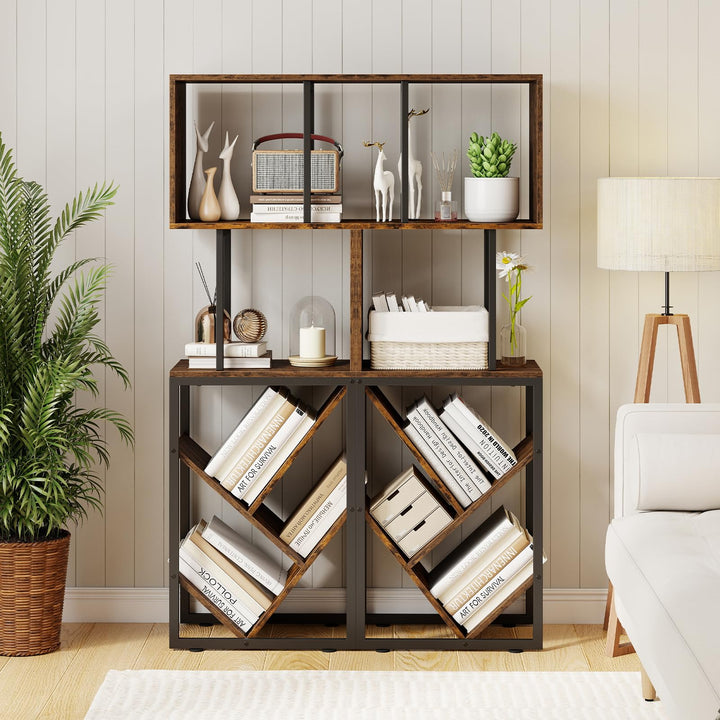 Giantex 6-Tier Bookshelf | Industrial S-Shaped Geometric Bookcase with Open Display Shelves