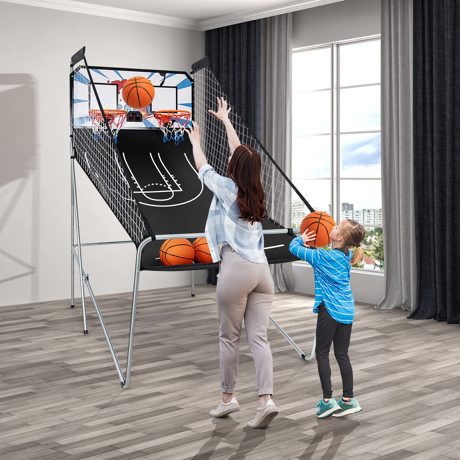 Foldable Basketball Arcade Game, 8 Game Options, Electronic Double Shot 2 Player w/ 4 Balls and LED Scoring System