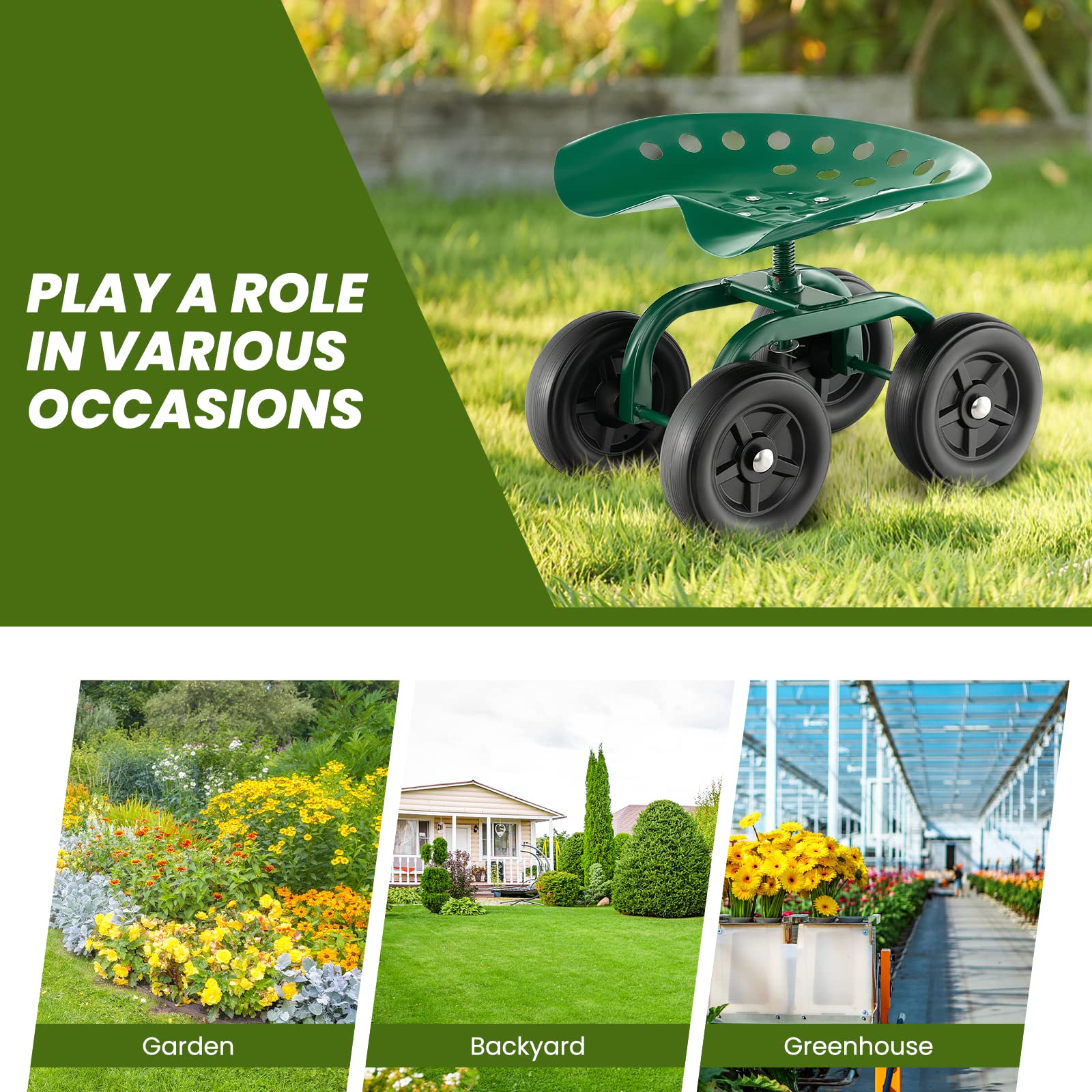 Giantex Garden Cart, Rolling Workseat with 4 Wheels, Garden Stool 360-degree Swivel Work Seat & Adjustable Heigh