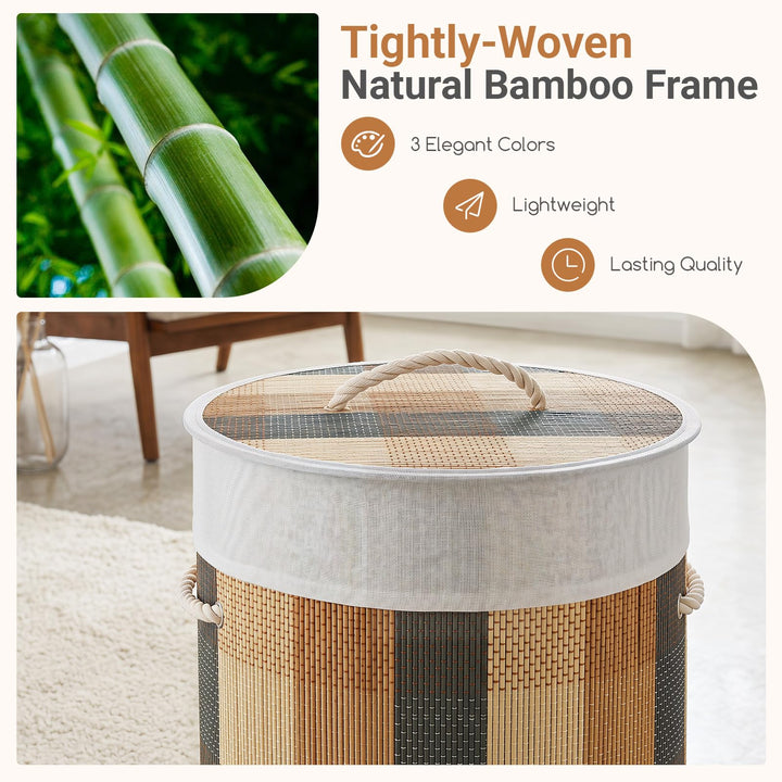 Giantex 13.2 Gal Round Bamboo Laundry Hamper with Lid