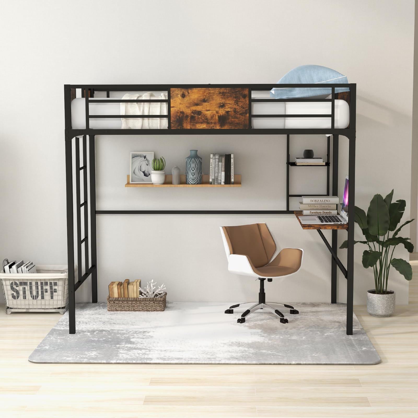 Metal Twin Loft Bed with Desk and Storage Shelf - Giantex