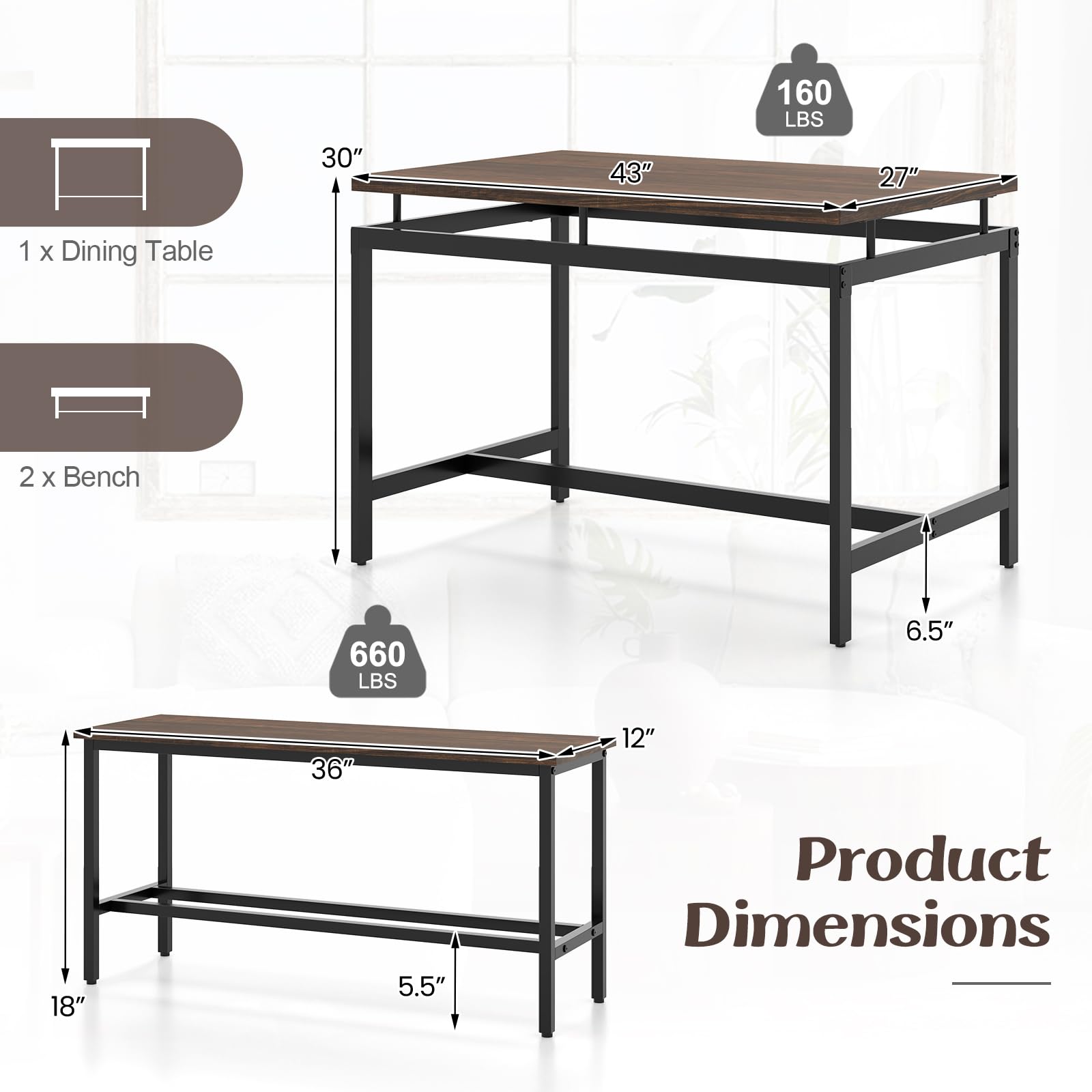 Giantex Kitchen Table Chairs Set of 3 - Dining Table Set for 4 with 2 Benches