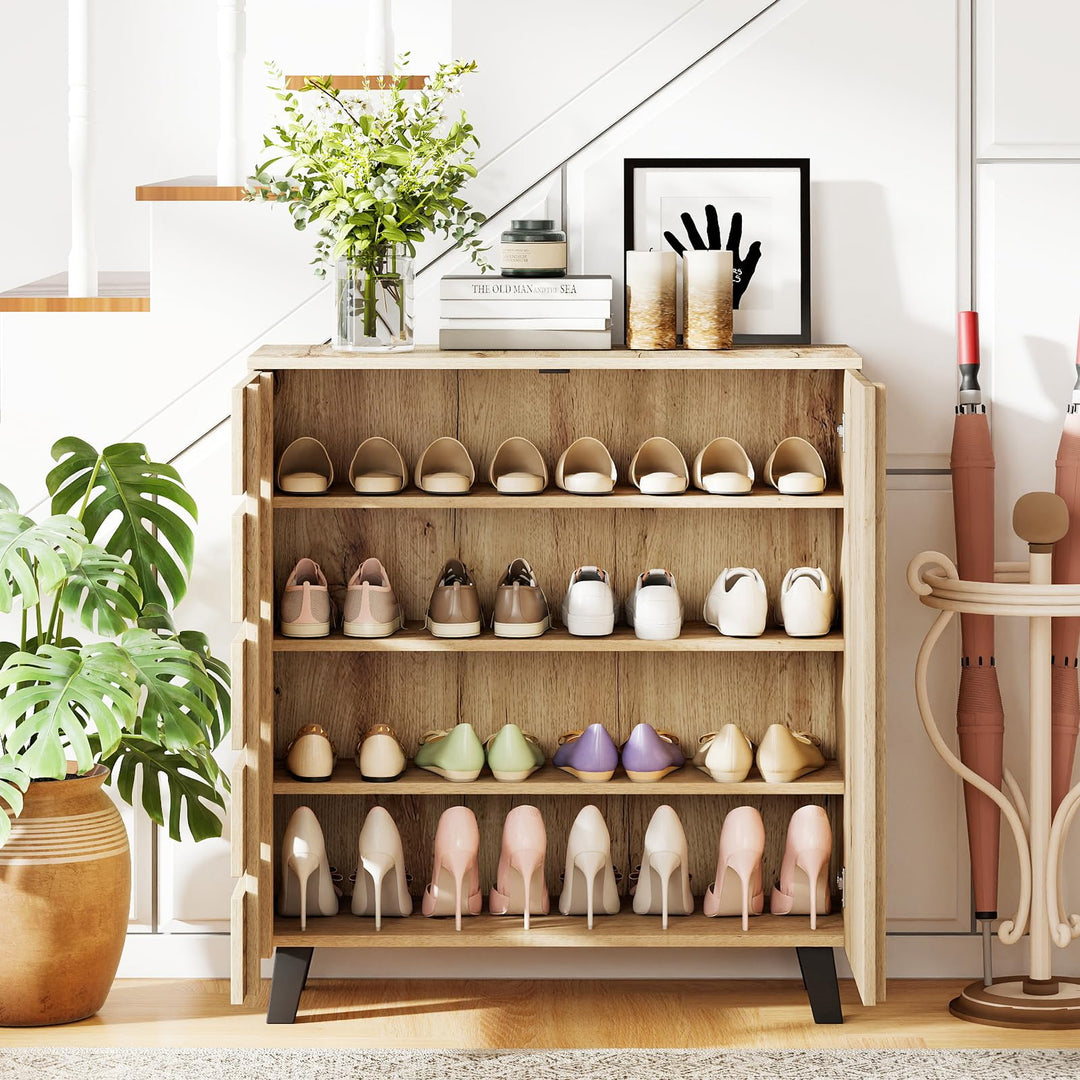 Giantex 4-Tier Farmhouse Shoe Rack Cabinet with 2 Slatted Doors & Removable Shelves