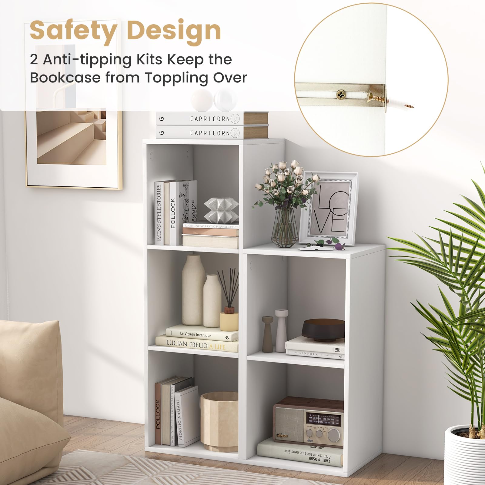 Giantex 2-Cube Bookcase, White Cubby Bookshelf w/Back Guardrail & Anti-Tipping Kits