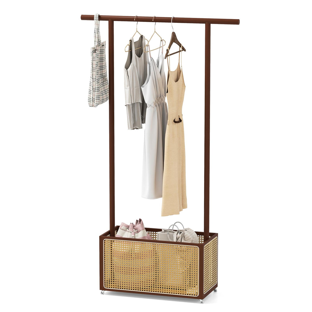 Giantex Bamboo Clothes Rack 2-In-1 Clothing Hanging Rail for Hallway Living Room Bedroom