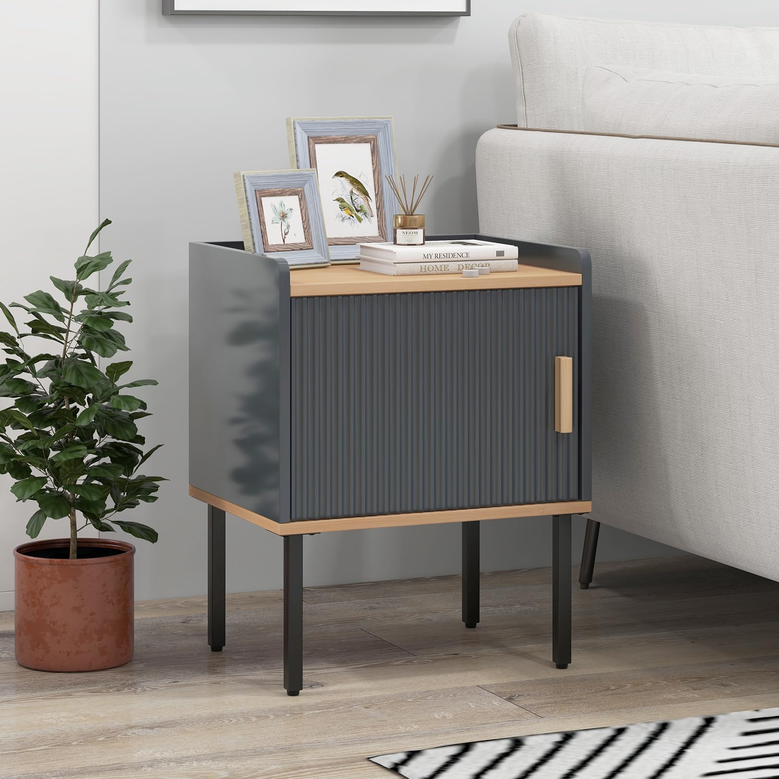 Giantex Nightstand with Storage, Bedside Table with Single Door Cabinet, Small Space, Gray