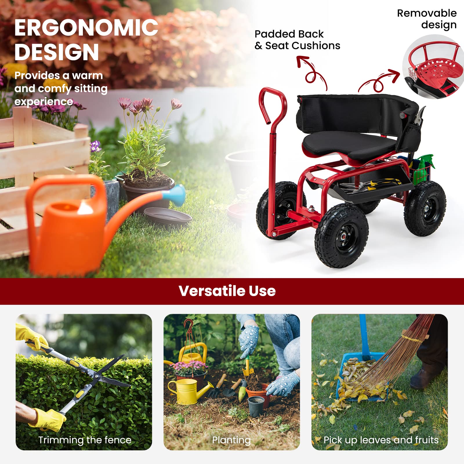 Giantex Rolling Garden Cart, 360 Swivel Workseat with 4 Wheels, Removal Cushion & Tool Tray, Storage Basket