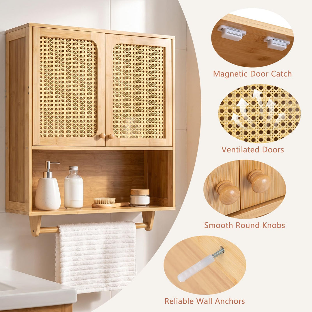GIANTEX Wall Mounted Bamboo Bathroom Wall Cabinet with Towel Rack