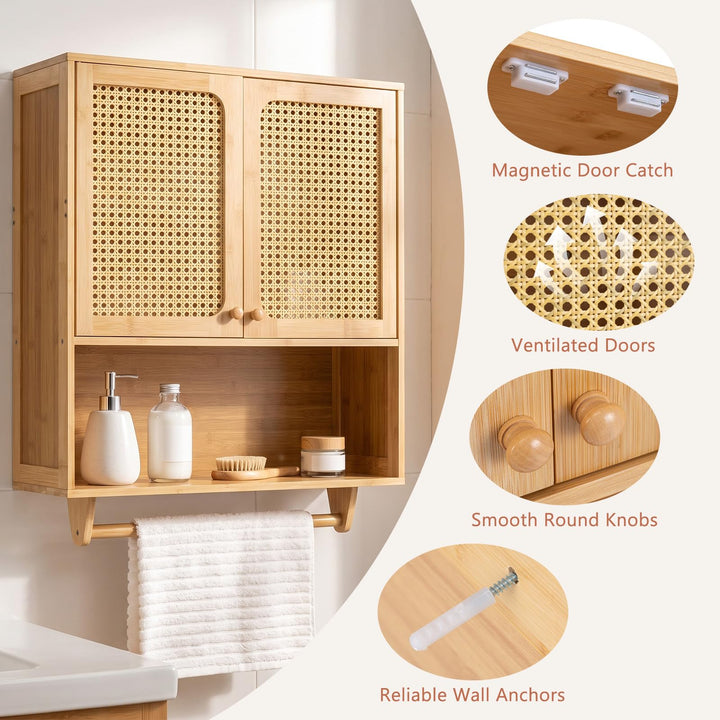 GIANTEX Wall Mounted Bamboo Bathroom Wall Cabinet with Towel Rack