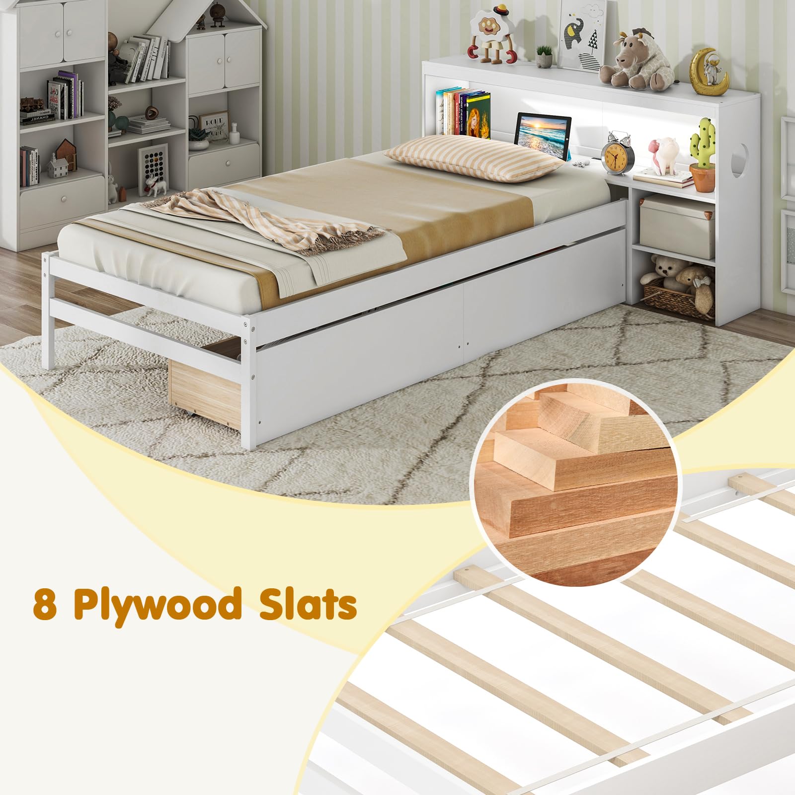 Giantex Wood Twin Bed Frame with Storage Drawer & Headboard, Modern Platform Bed with Charging Station & LED Light