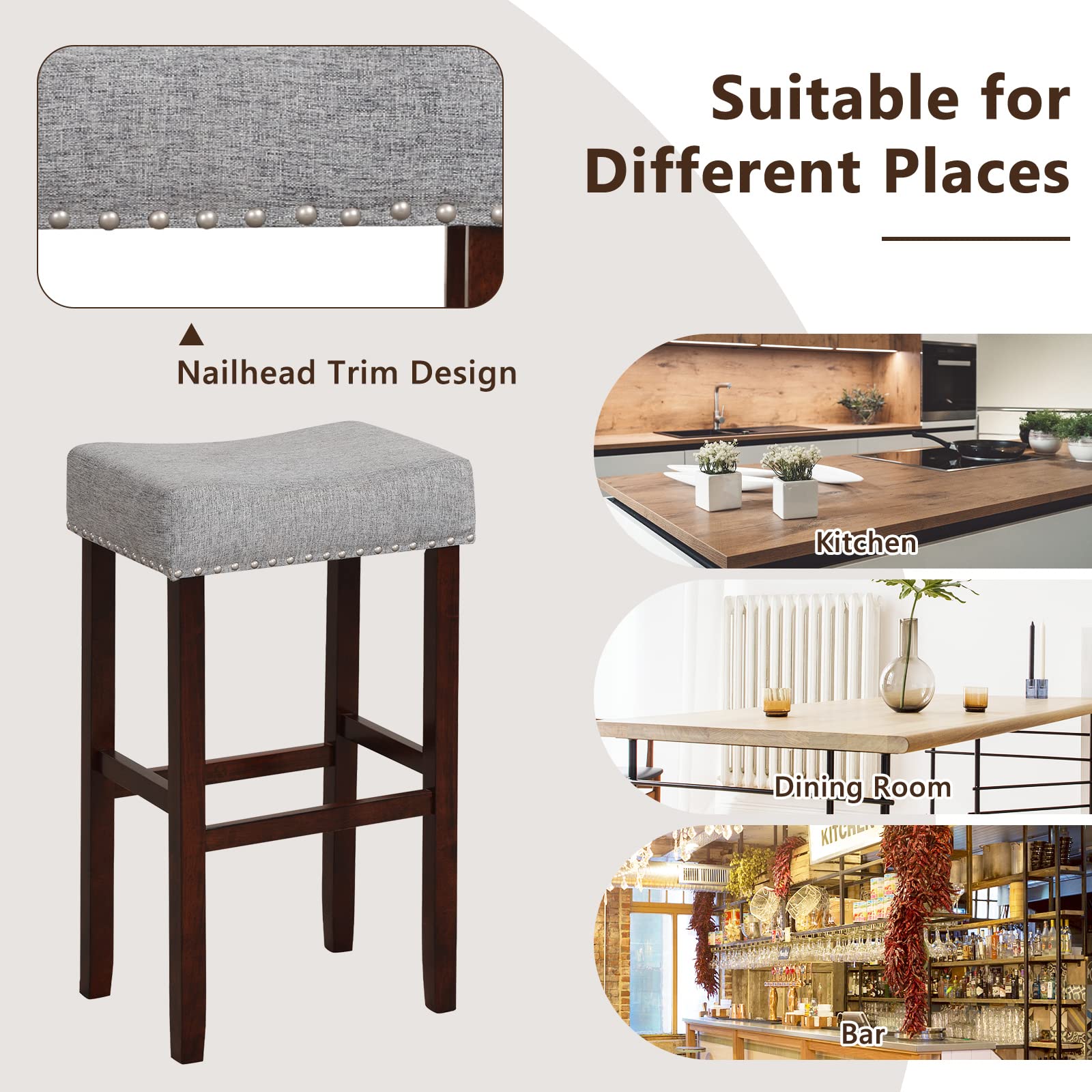 Giantex 29.5" Bar Height Bar Stools Set of 4 - Backless Saddle Barstools with Nailhead Linen Foam Seat