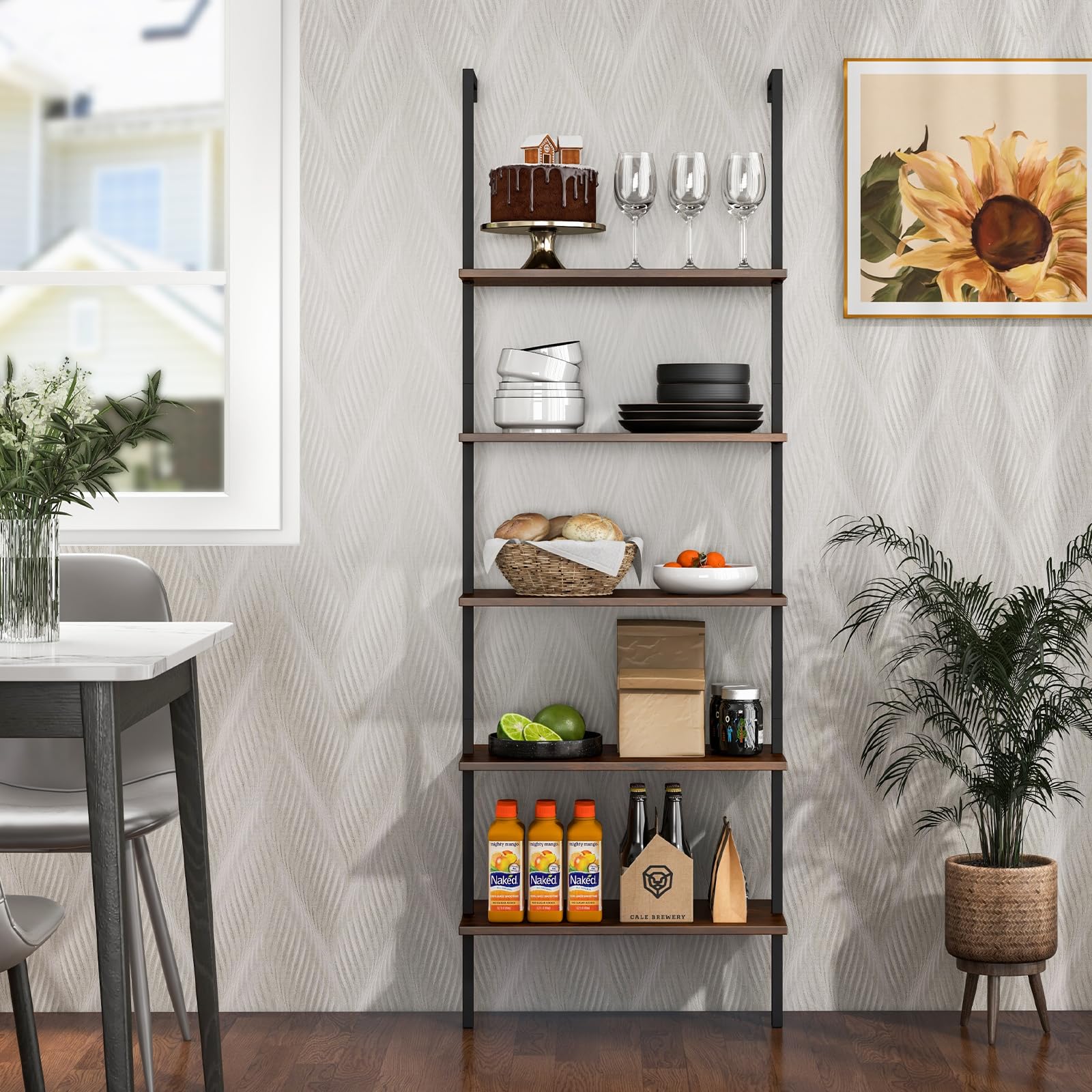 Giantex 5 Tier Modern Wall Mounted Bookshelf, 71'' White and Gold Wood Bookcase with Steel Frame