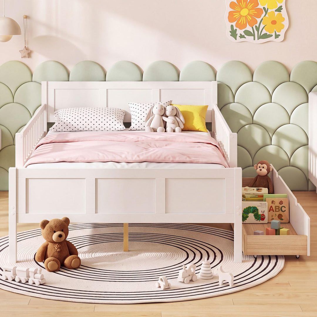 GIANTEX Full/Twin Size Bed Frame with 2 Storage Drawer &amp; Guardrails for Kids