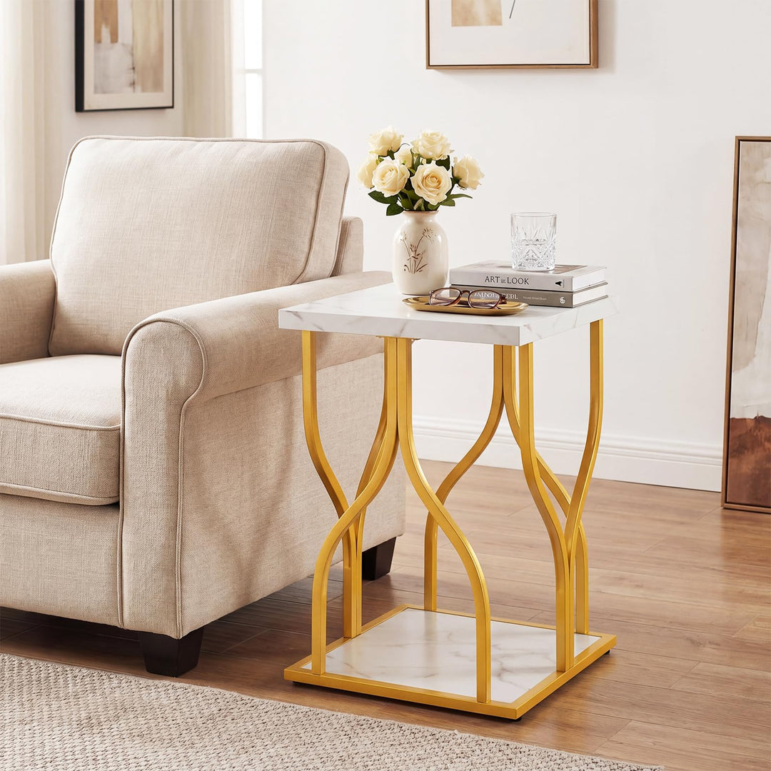 Giantex 2-Tier End Table with Storage Shelf &amp; Gold Petal-Inspired Geometric Metal Frame