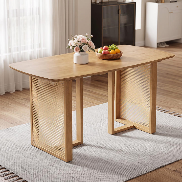 GIANTEX Rattan Dining Table Set for 4 | Rubber Wood Kitchen Table &amp; 2 Bench