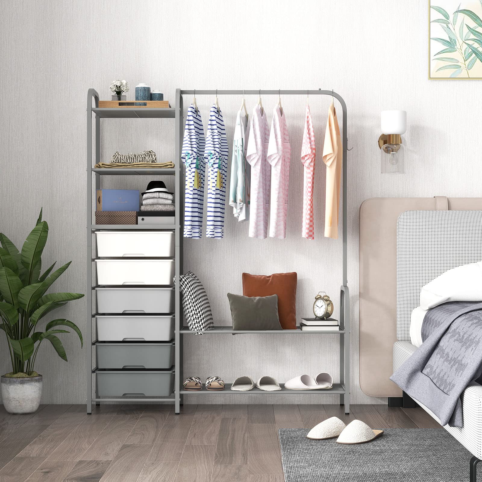 Giantex Free Standing Closet Organizer, Heavy Duty Garment Rack with 6 Removable Drawers (Grey)