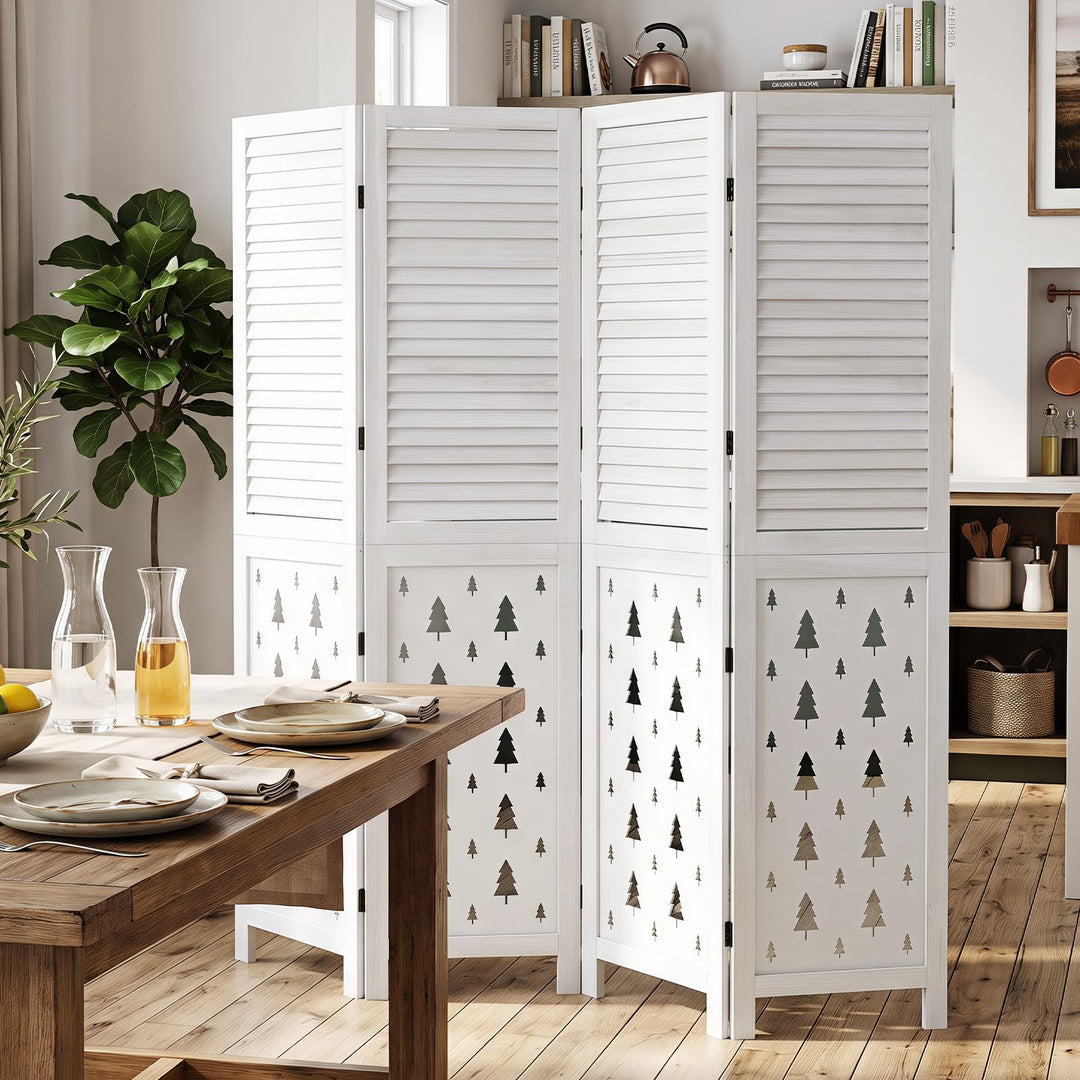 GIANTEX 4 Panel Folding Room Divider with Louvered Slats &amp; Pine Tree Cutout