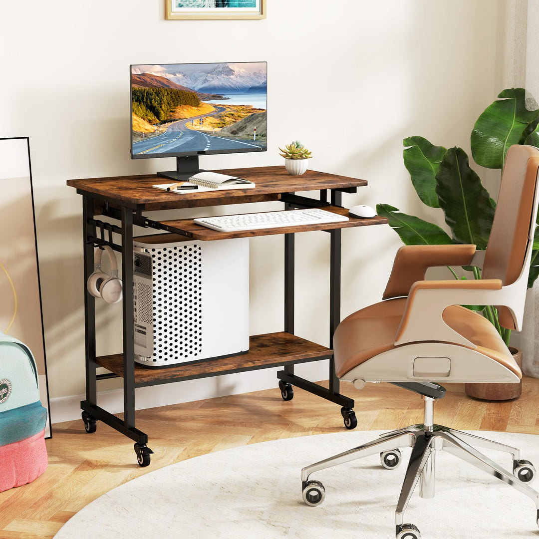 Giantex Mobile Computer Desk, Rolling Writing Desk with Keyboard Tray, Shelf & 3 Hanging Hooks, Rustic Brown & Black