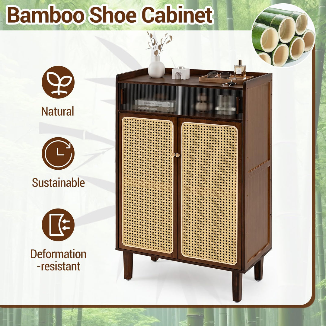 Giantex Bamboo Shoe Cabinet w/Woven Rattan Doors