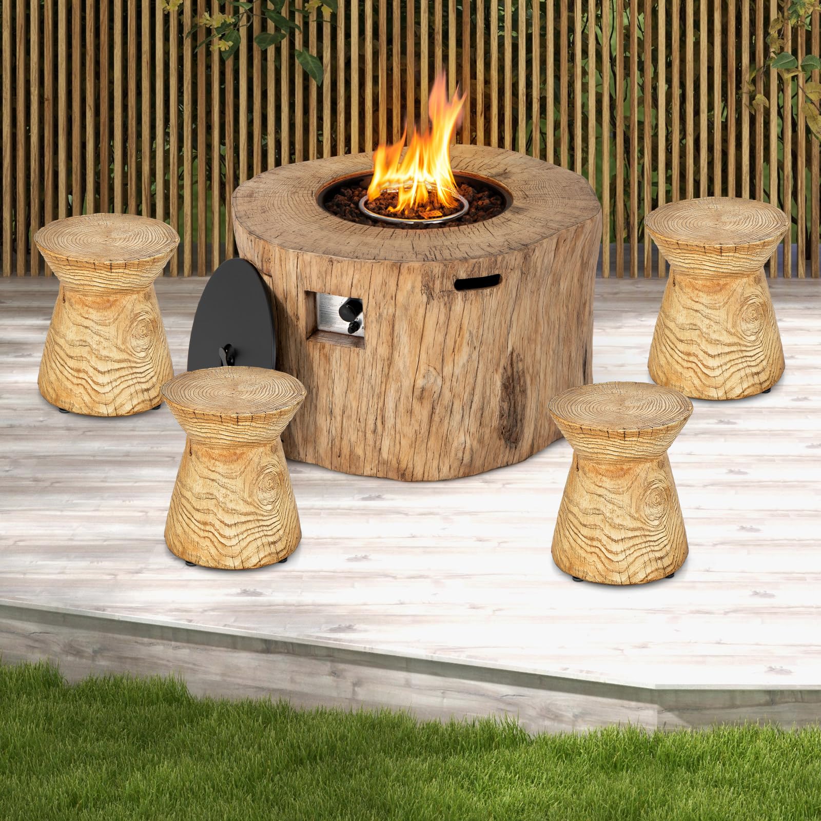 Giantex Hourglass-Shaped Outdoor Side Table - 14.5”D x 17”H Hollow Garden Stool W/Wood Grain