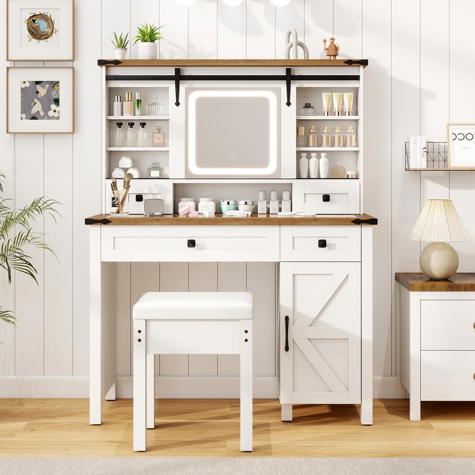 CHARMAID Farmhouse Vanity Desk with Barn-Style Sliding Mirror, Lights & Stool (42" Wide,White & Brown)