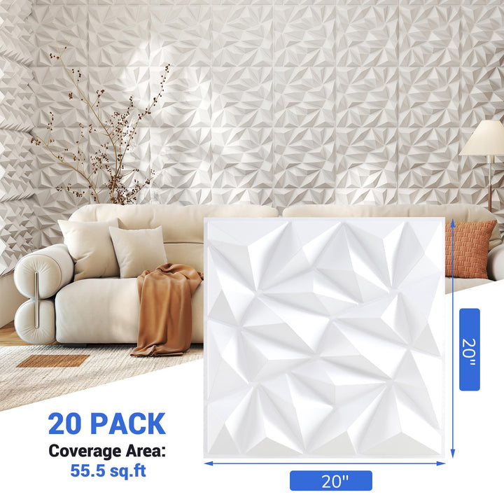 Giantex 3D Wall Panels, 20"x20" White PVC Decorative Wall Tiles with Diamond Pattern