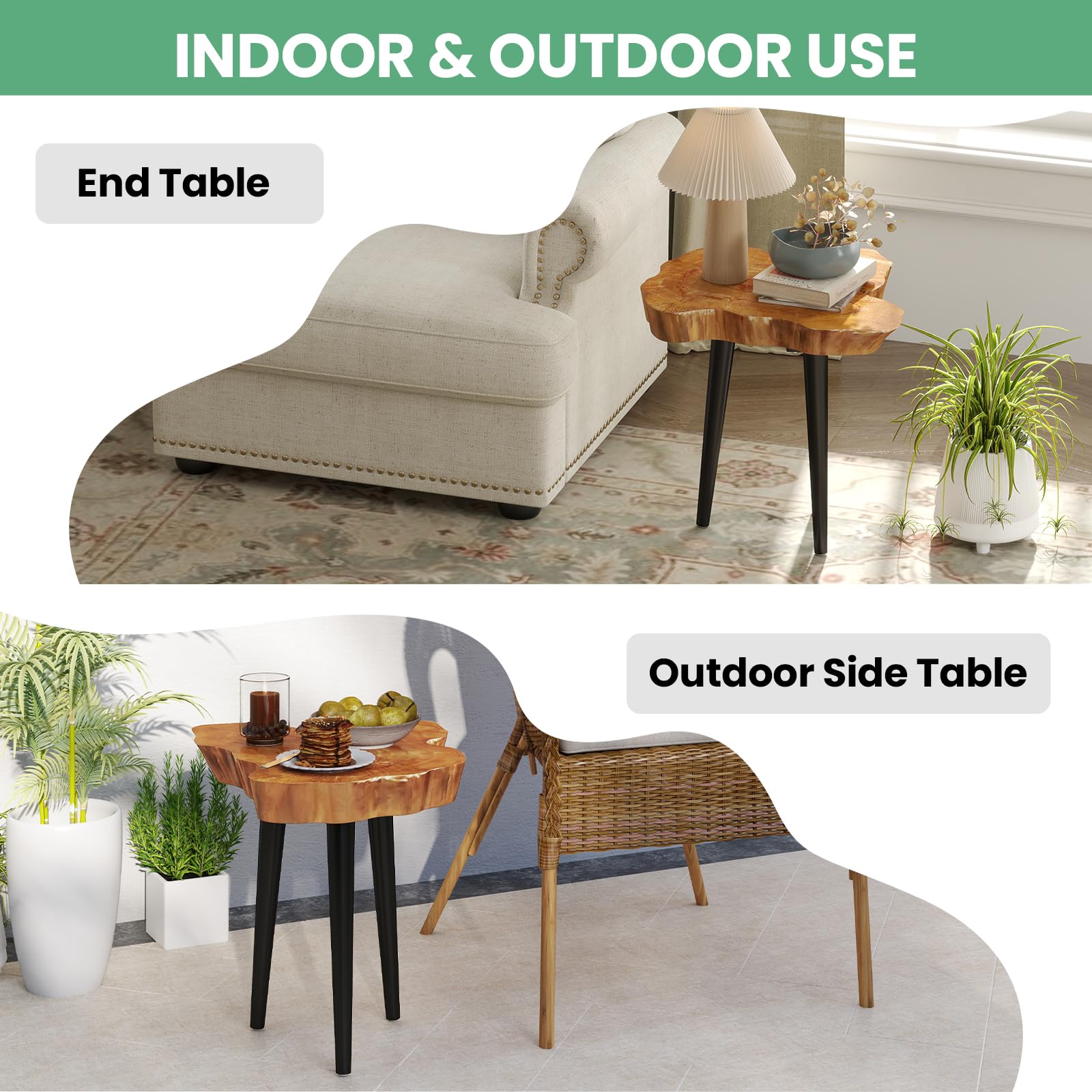 Giantex Teak Wood Outdoor Side Table - 18” End Table with Solid Live Edge, Irregular Tabletop, Mahogany Tapered Legs