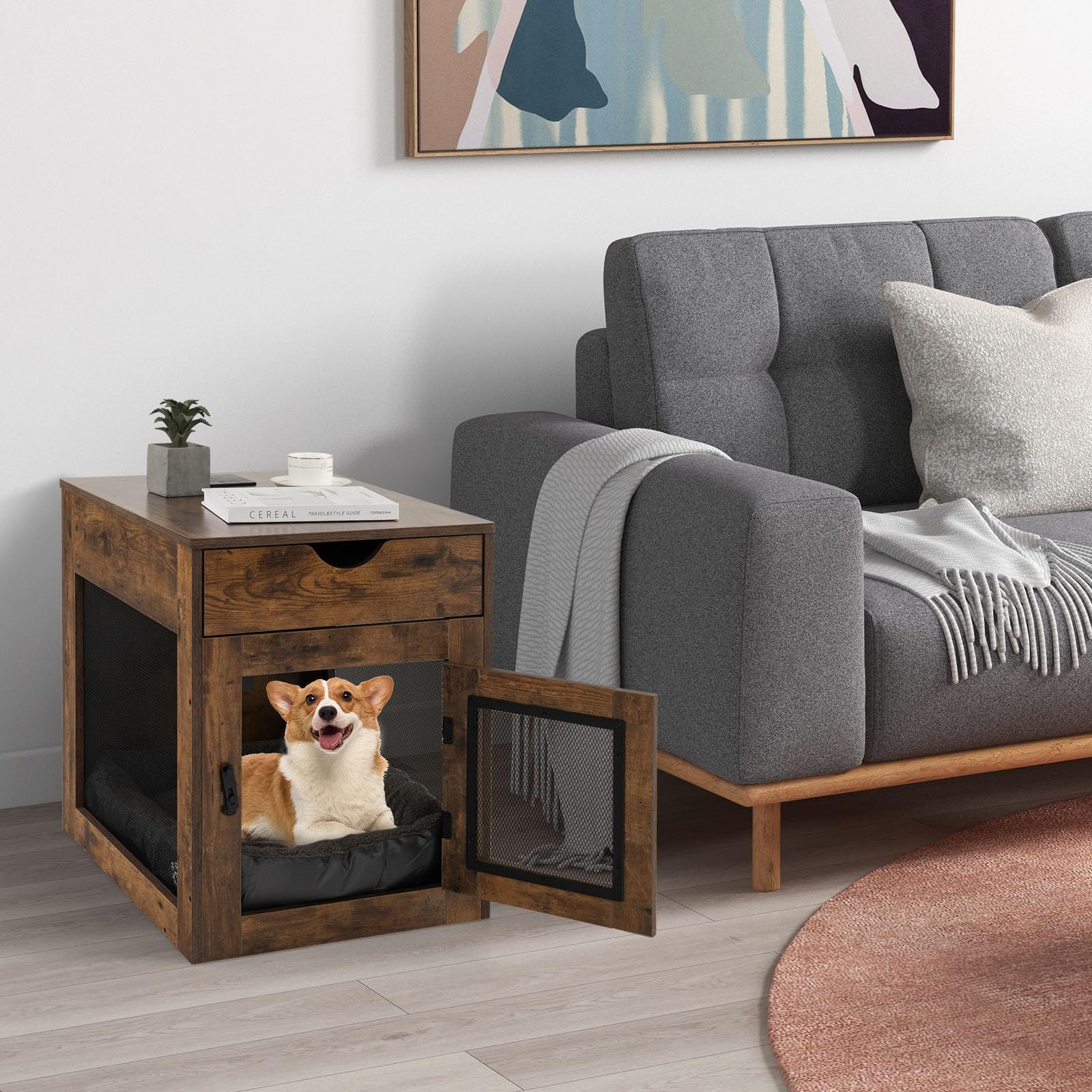 Giantex Dog Crate Side Table - Wooden Dog Kennel with Removable Cushion (Wood Color)