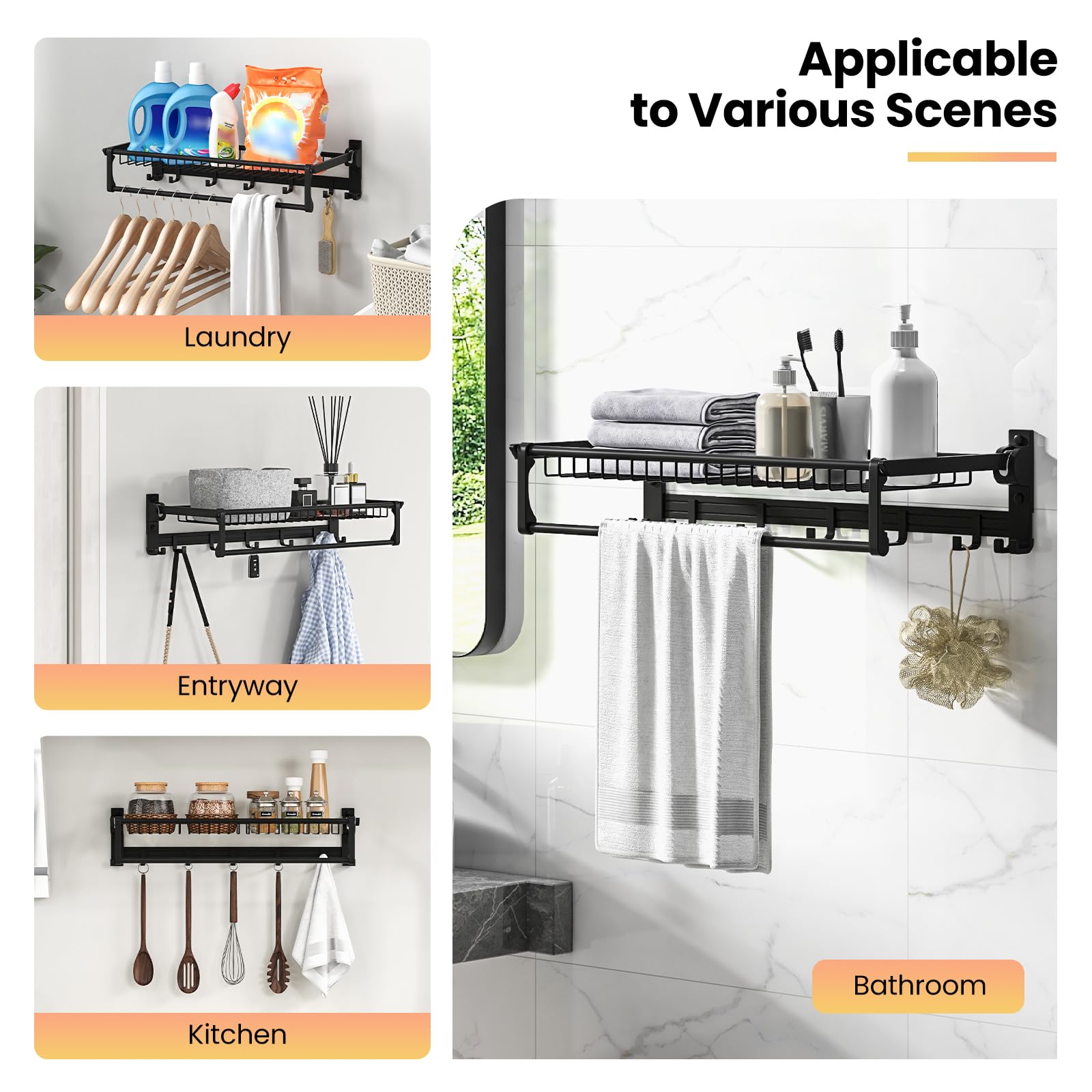 Giantex Foldable Towel Rack for Bathroom, Wall Mounted Towel Holder Organizer w/ 1 Basket, 1 Towel Bar & 5 Sliding Hooks