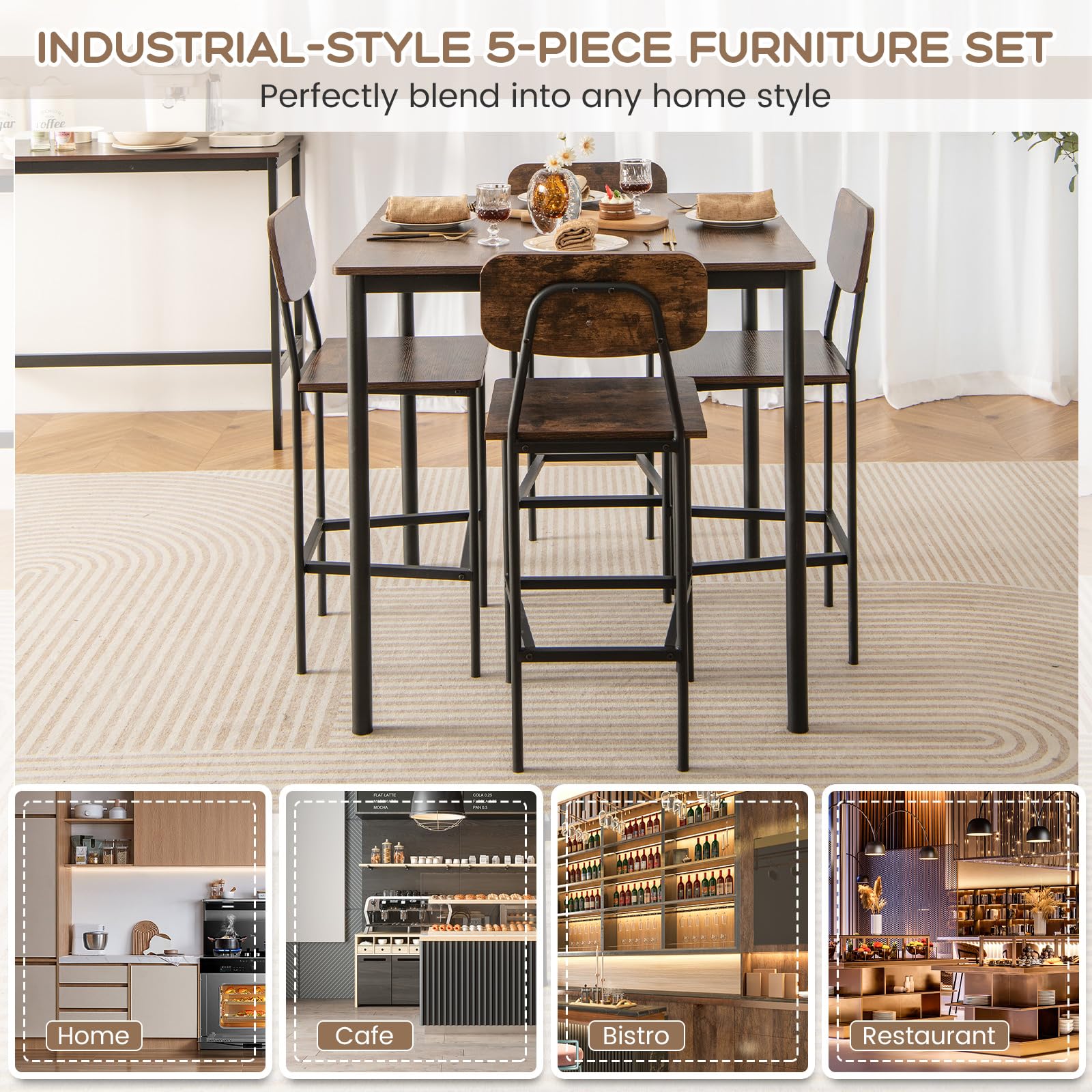 Giantex 5-Piece Dining Table Set W/Counter Height Table & 4 Bar Stools