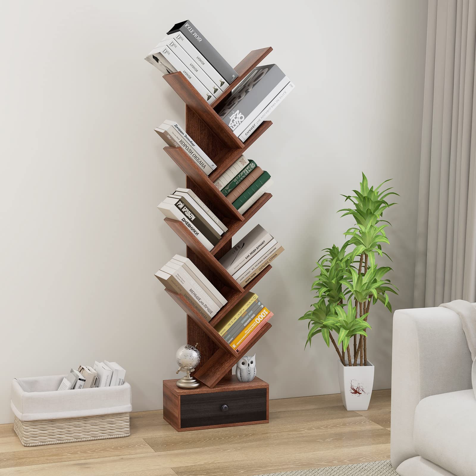 10-Tier Tree Bookshelf with Drawer, Brown - Giantex