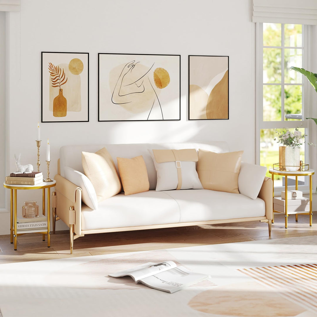 Giantex Round Side Table 2-Tier Faux Marble Sofa Side Coffee Table w/Gold Frame & Open Shelf
