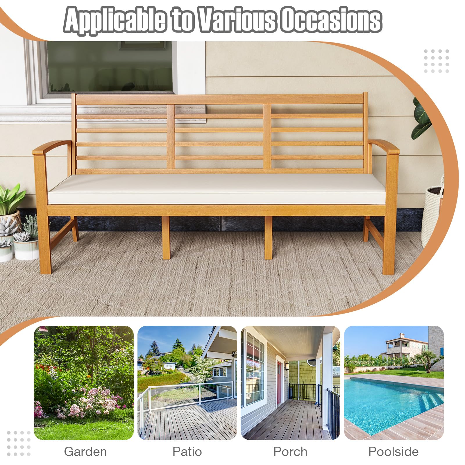 Giantex Acacia Wood Outdoor Bench, 3-Seat Patio Bench with Removable Cushion